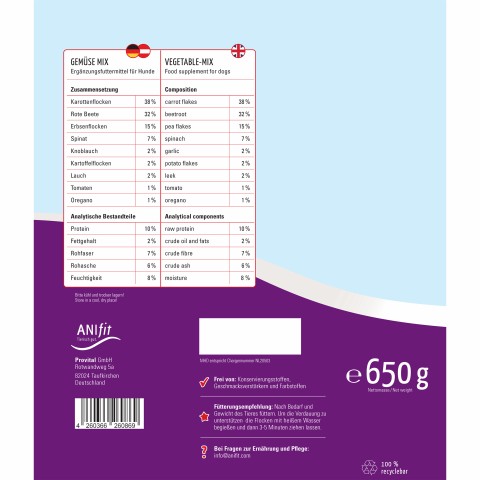 Hund B.A.R.F. Flocken Hundefutter Gemüse-Mix 650g 1 Stück -3- Anifit